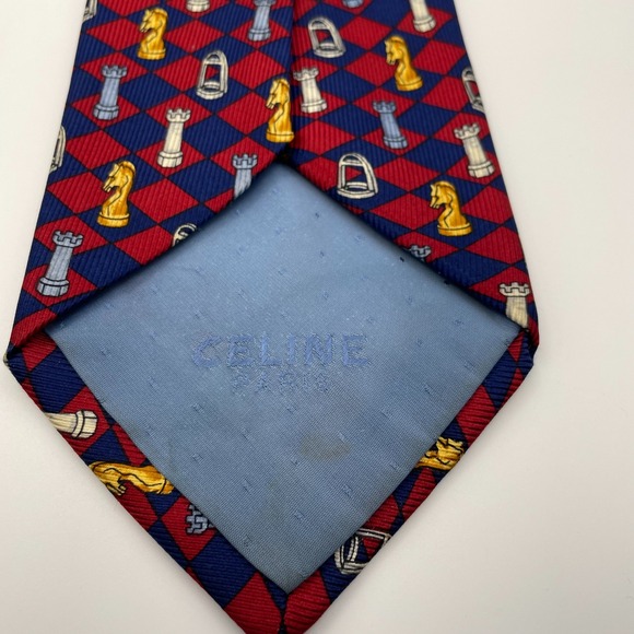 CELINE Paris Men's Silk Chess Pattern Neck Tie Made in Spain - Picture 3 of 3